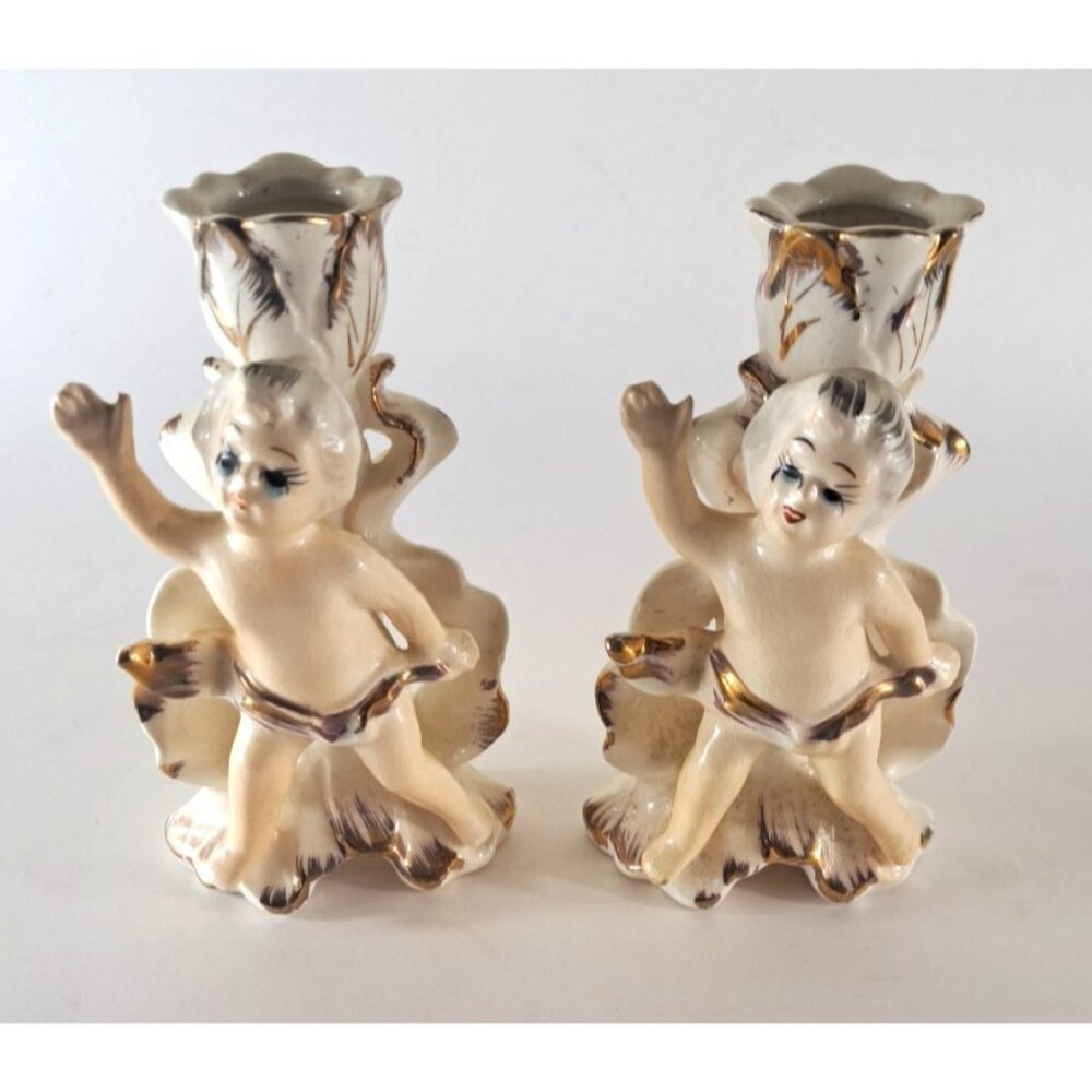 Vintage Cherub Candle Holders Set Of 2 Porcelain Gold Accent Baroque 6.5"